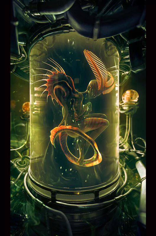 A captivating sci-fi creature suspended in a glass chamber, featuring vibrant colors and intricate details, surrounded by a futuristic, mechanical environment.