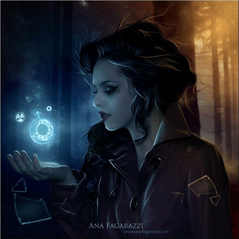 Fantasy portrait of a woman in a shadowy forest, palm outstretched as a glowing magical orb and floating runes cast blue light across her face.