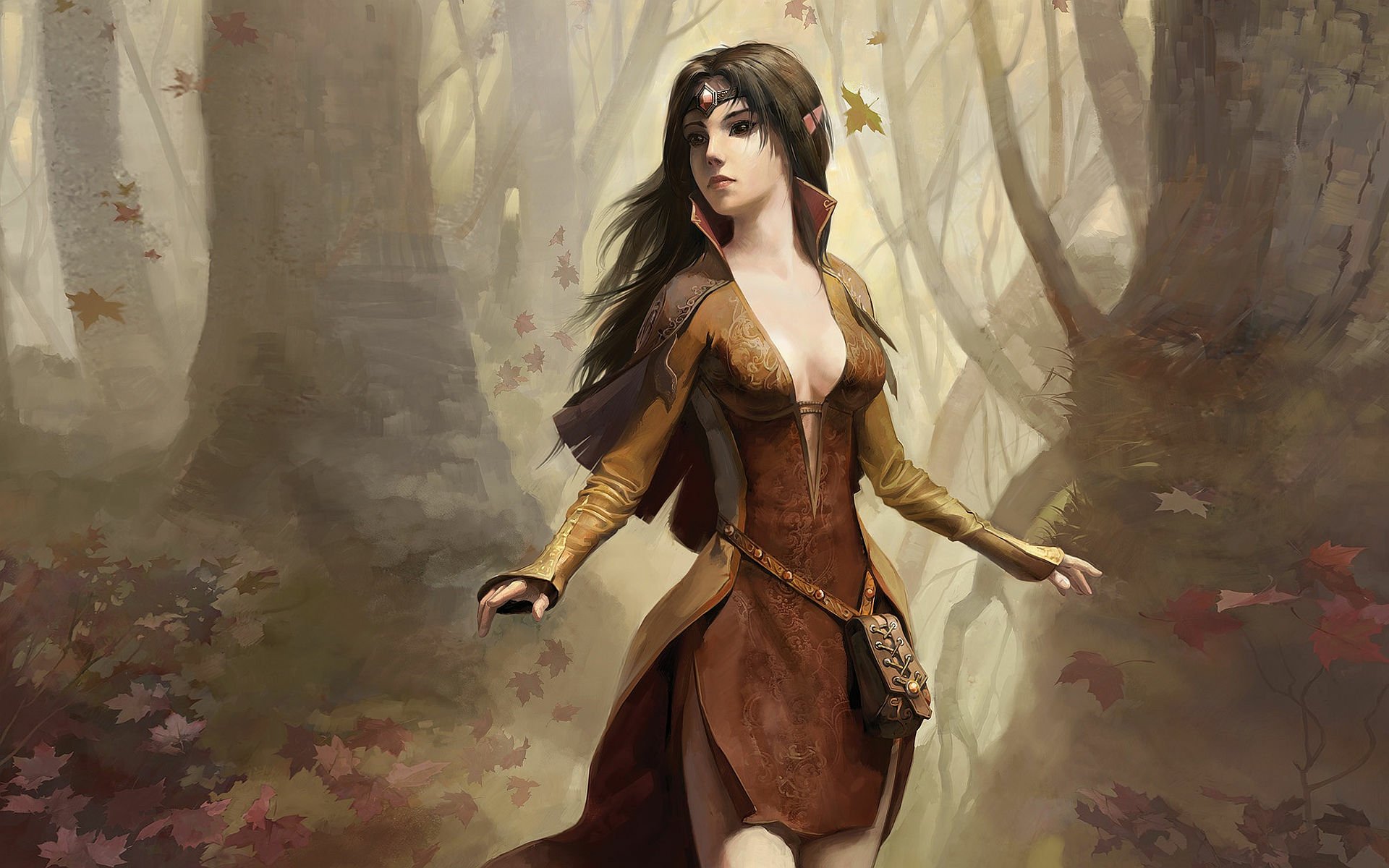 Female ranger in a brown leather dress and headband stands in a misty autumn forest with falling leaves — artwork for the video game Disciples.