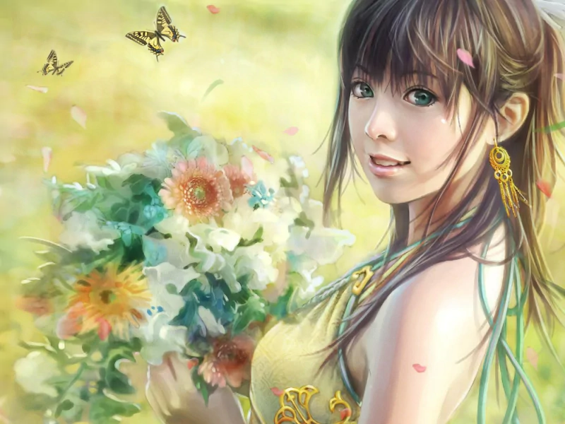 Anime girl with long brown hair and green eyes holds a bouquet of colorful flowers, surrounded by butterflies in a soft, sunlit outdoor setting.