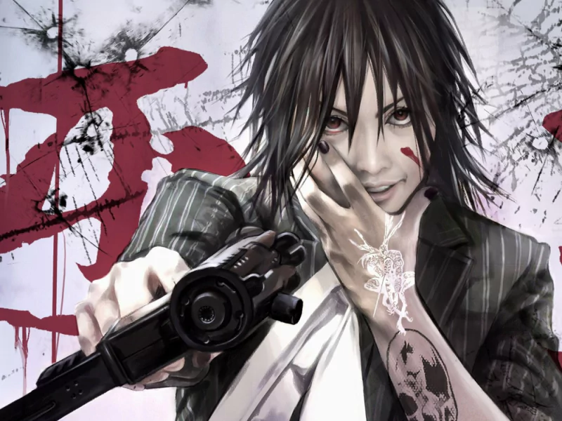 Anime warrior with messy black hair aims a pistol, smirking; blood-splattered background, tattooed forearm and glowing sigil on the hand.