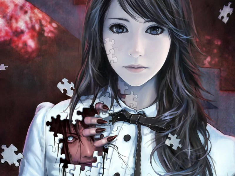 Dark woman with long black hair and pale skin holds a missing puzzle piece revealing a red-eyed face in her chest; scattered puzzle pieces float against a moody, shadowed background.