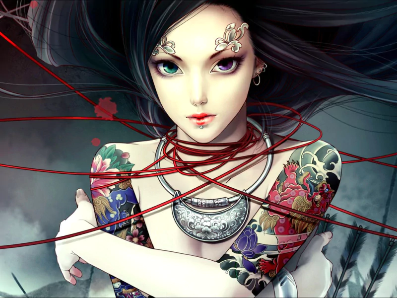 A fantasy-inspired woman with striking tattoos on her arms and shoulder, dark flowing hair, and intense eyes, wrapped in red threads against a muted background.