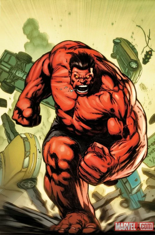Red Hulk charges forward, muscles rippling, amidst a backdrop of wrecked cars and debris, embodying sheer power and fury from the comic universe.