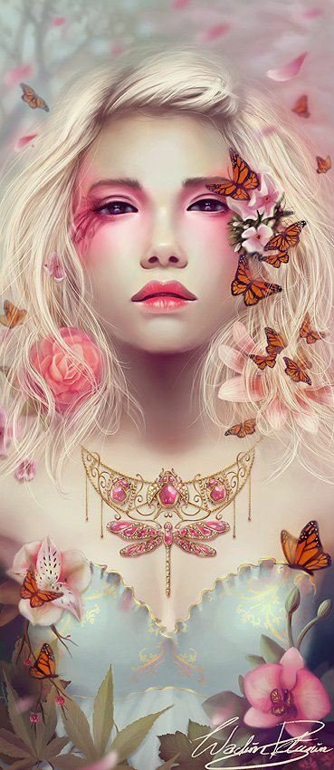 A fantasy depiction of a woman with delicate features, adorned with butterflies and roses, showcasing a magical blend of nature and beauty in vibrant colors.