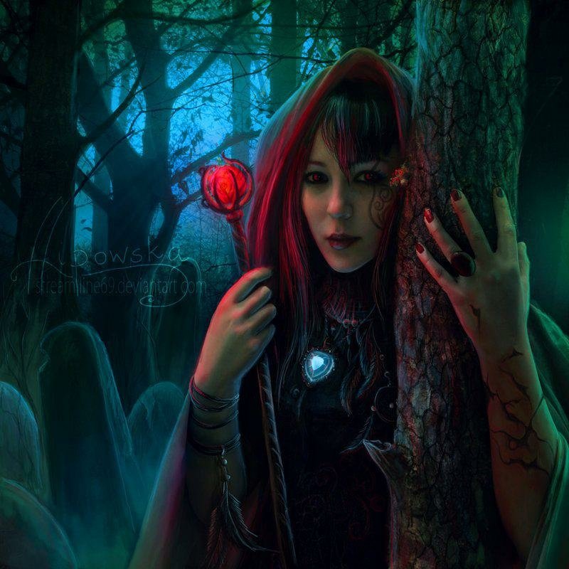 A mysterious witch in a dark forest clutches a glowing red staff, surrounded by eerie blue light and shadowy trees in a fantasy setting.