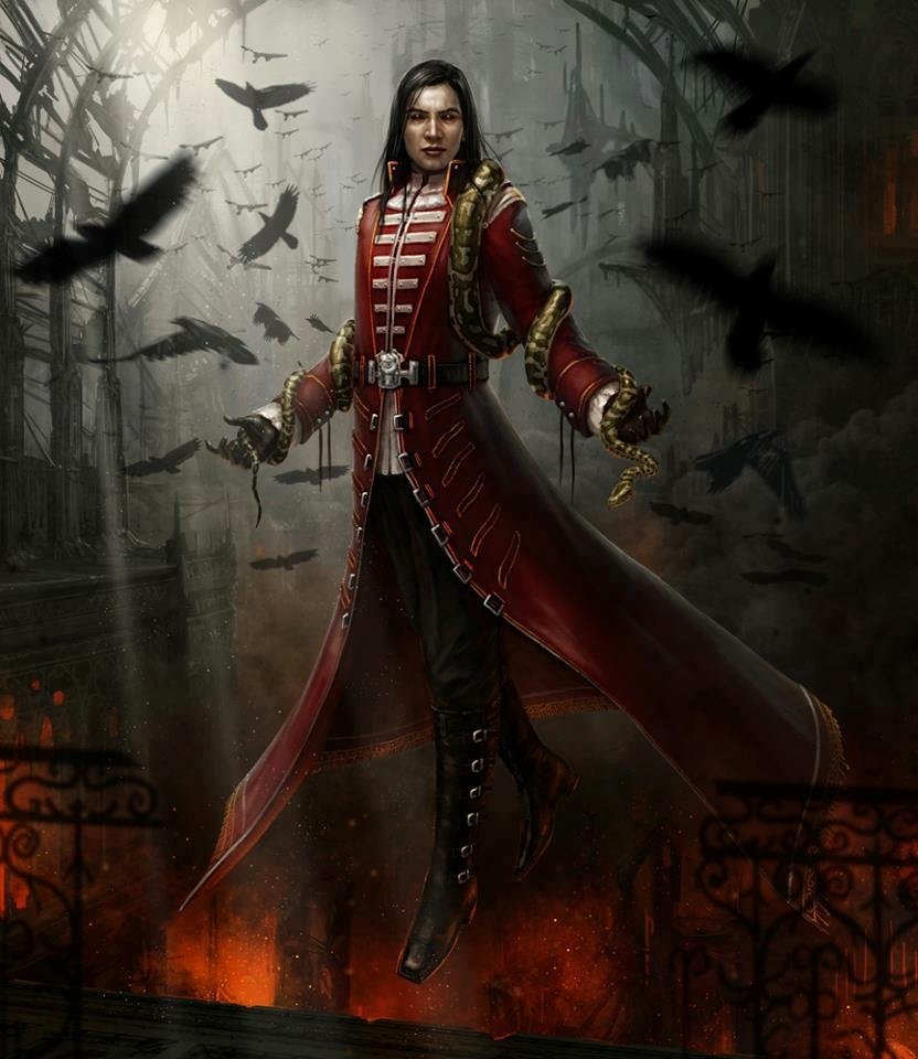 A darkly atmospheric scene featuring a man in a striking red coat, surrounded by swirling shadows and crows, evoking a mysterious and powerful presence.
