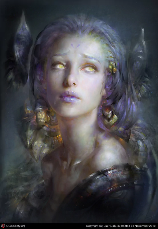 A dark, ethereal portrait of a woman with glowing eyes and intricate adornments, set against a shadowy, mystical background.