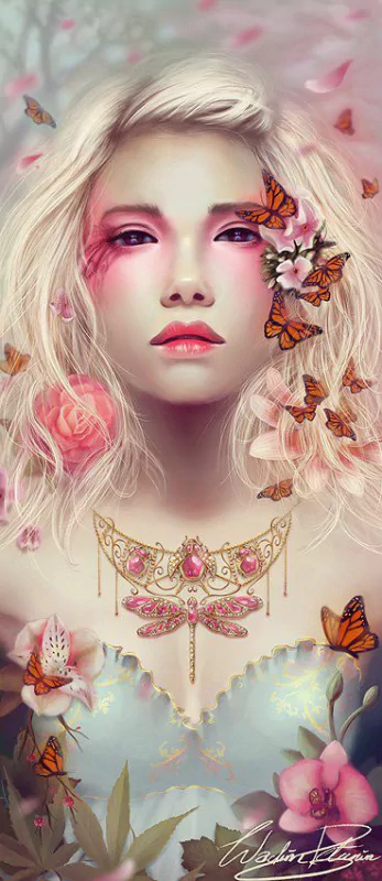 A fantasy depiction of a woman with delicate features, adorned with butterflies and roses, showcasing a magical blend of nature and beauty in vibrant colors.