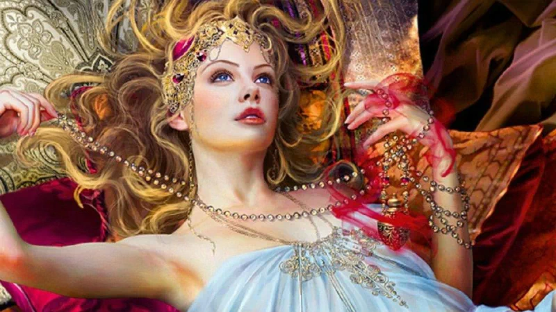 Fantasy woman in a flowing gown and ornate gold crown, draped in jewels and surrounded by swirling fabrics and ethereal light.