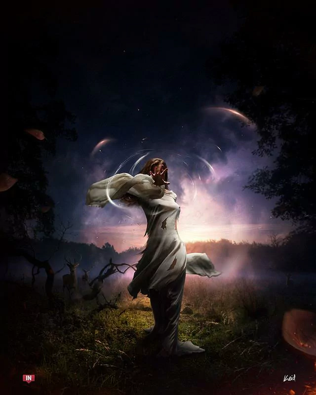 A fantasy scene of a witch in flowing white robes standing in a mystical forest clearing under a swirling, magical night sky.
