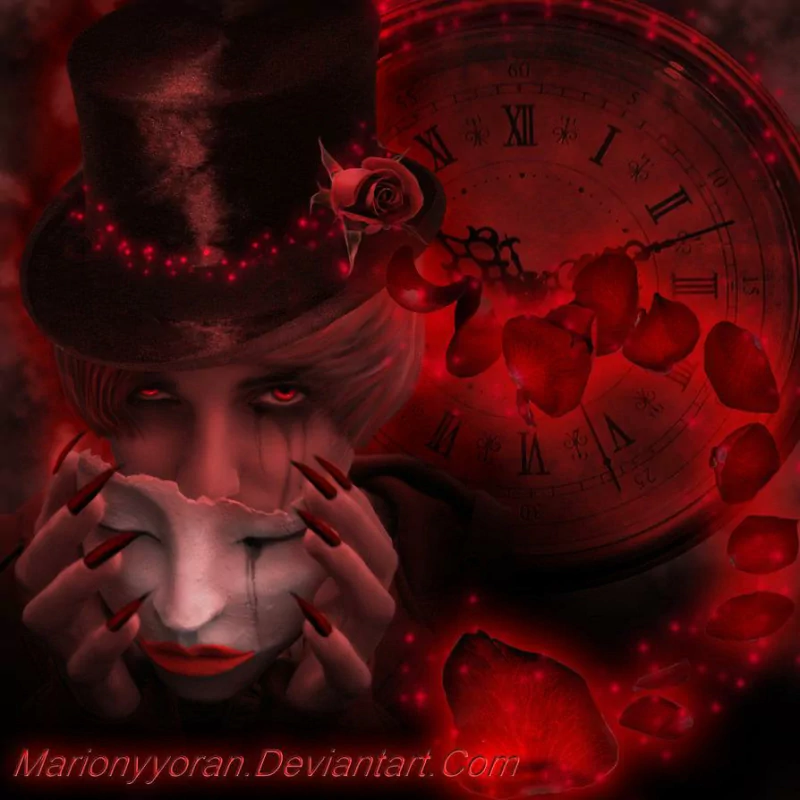 A dark witch with glowing red eyes holds a cracked mask, surrounded by floating red rose petals and a large antique clock in a deep red, eerie atmosphere.