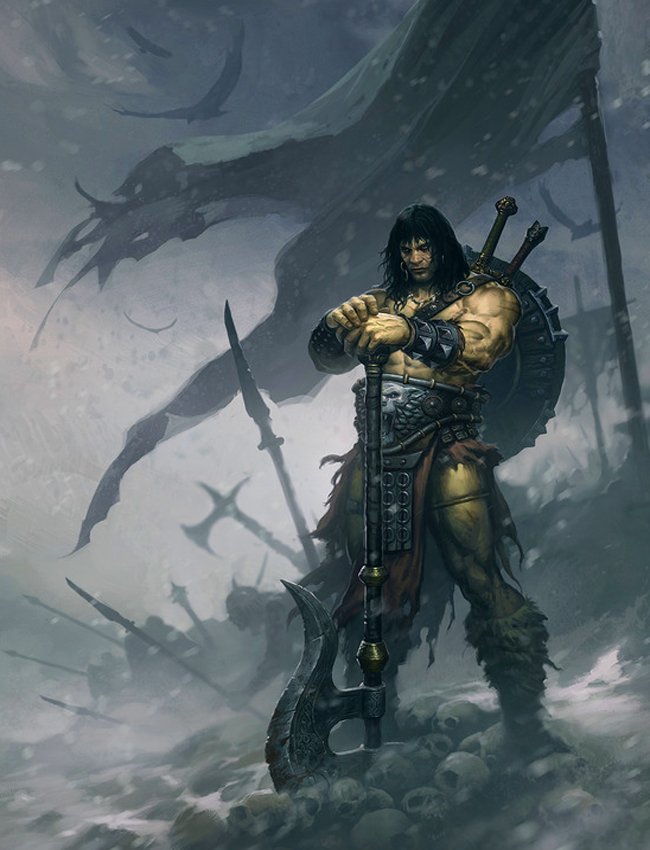 A muscular warrior stands amidst a desolate battlefield, wielding a large axe. Behind him looms a shadowy figure, capturing the essence of Conan the Barbarian in a dynamic comic art style.
