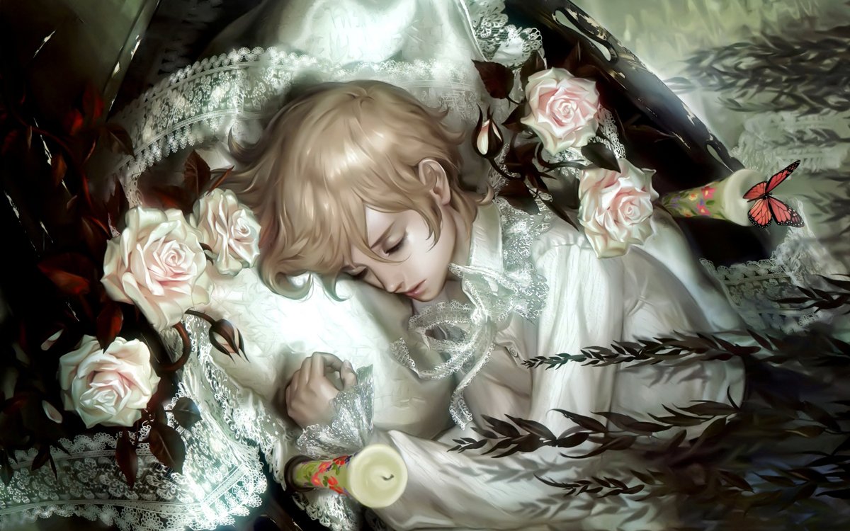 A serene figure sleeps amidst white roses and delicate lace, encapsulating a world of fantasy and dreams, inviting viewers into a tranquil, enchanted moment.