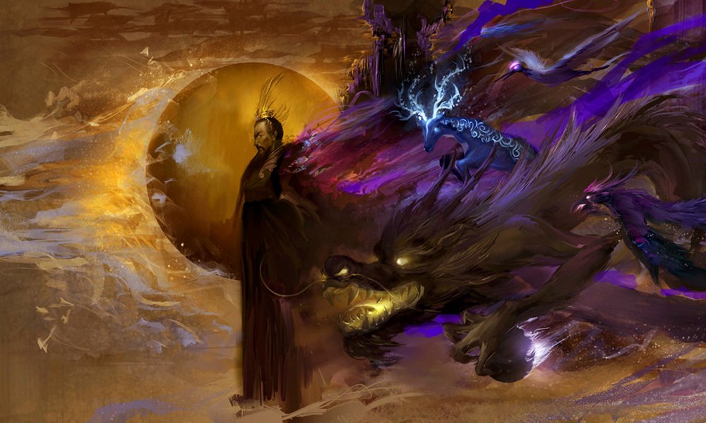 A mystical scene blending fantasy and oriental elements, featuring a figure with a dragon and mystical creatures against a dramatic sunset backdrop.