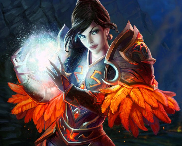 A fierce female mage with vibrant orange feathered armor conjures a glowing orb of magic, set against a mystical backdrop, embodying the essence of fantasy and enchantment.