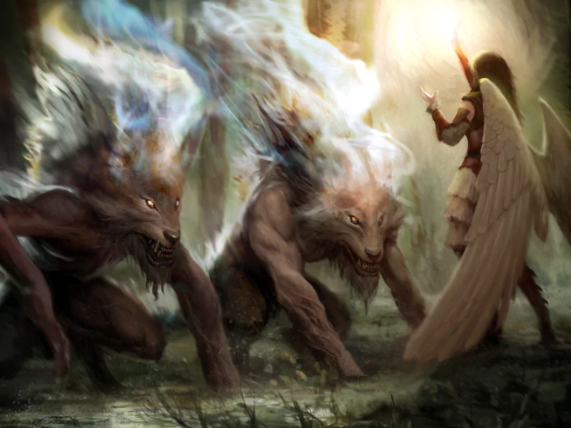A powerful angel confronts fearsome, smoke-wreathed creatures in a mystical forest, embodying the essence of fantasy and divine strength.