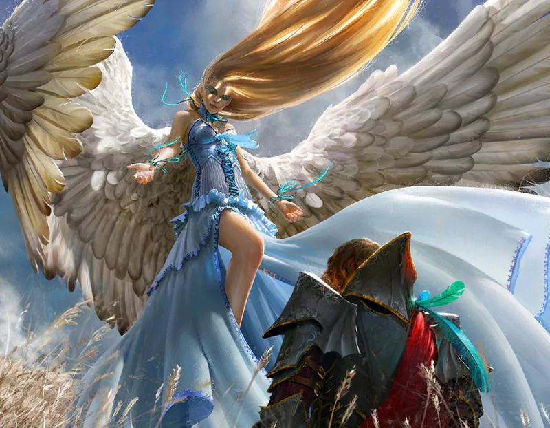 A majestic angel with flowing hair and large wings stands gracefully before a knight in a field, embodying a striking fantasy scene filled with ethereal beauty.