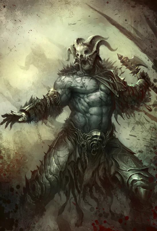 A powerful demon figure stands confidently, adorned with dark armor and a skull mask, exuding a fierce and menacing presence in a fantastical, shadowy environment.