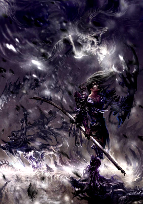 A dark fantasy scene featuring a mysterious figure wielding a scythe, surrounded by swirling shadows and eerie, ghostly forms in a hauntingly vivid landscape.