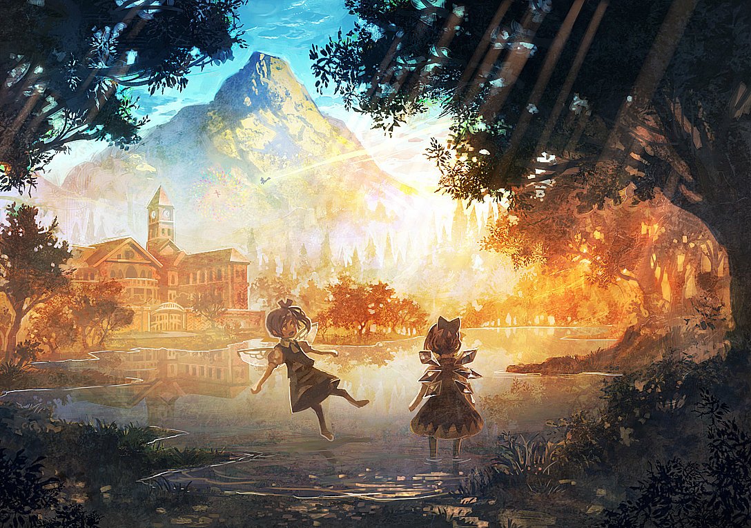 Anime-style illustration featuring Daiyousei and Cirno from Touhou, set in a scenic, sunlit landscape with a village and mountains in the background.