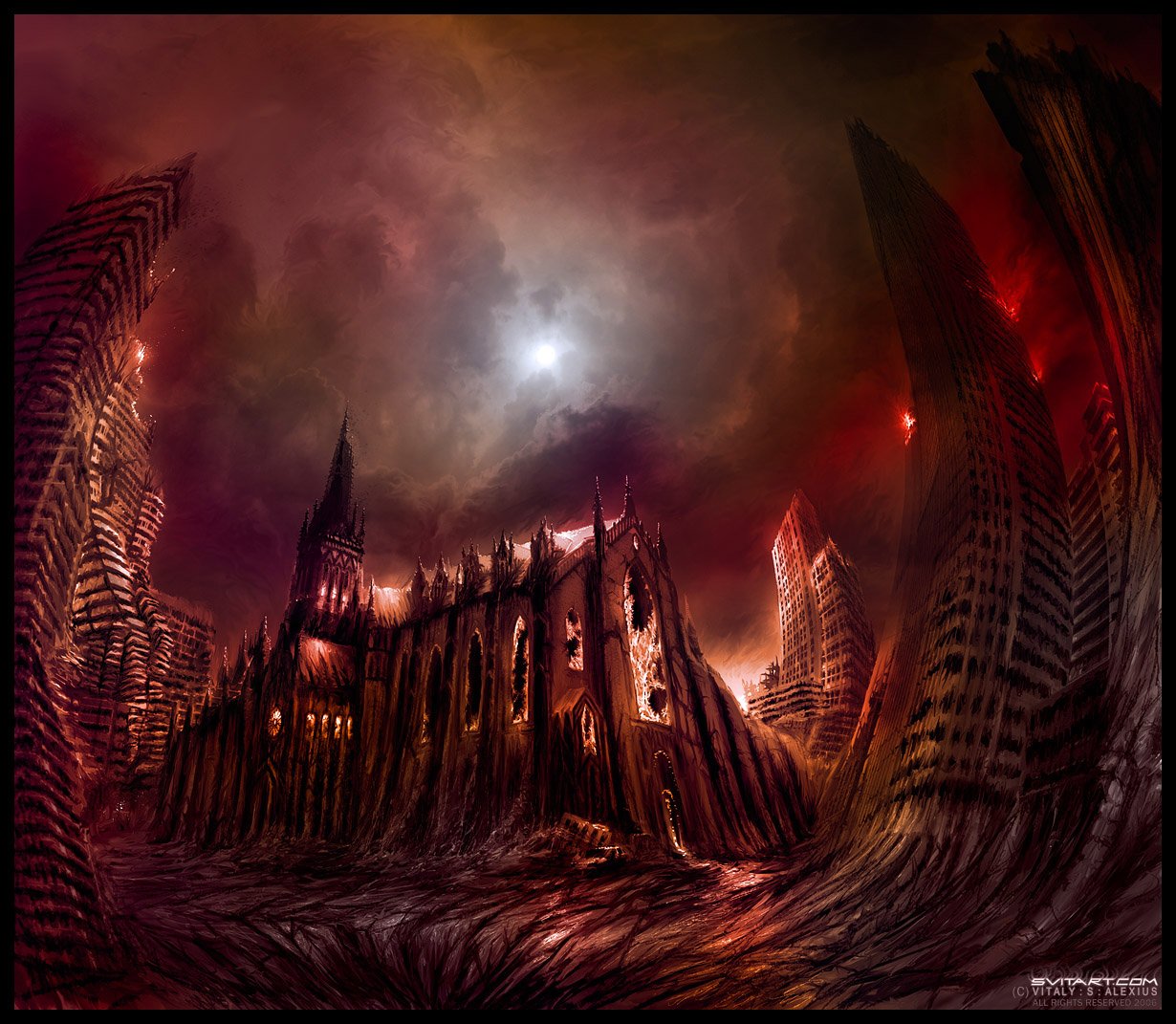 Comic-style, romantically apocalyptic cathedral ruin beneath a blood-red sky, twisted skyscrapers and swirling ash, a pale moon casting eerie light over the scorched cityscape.