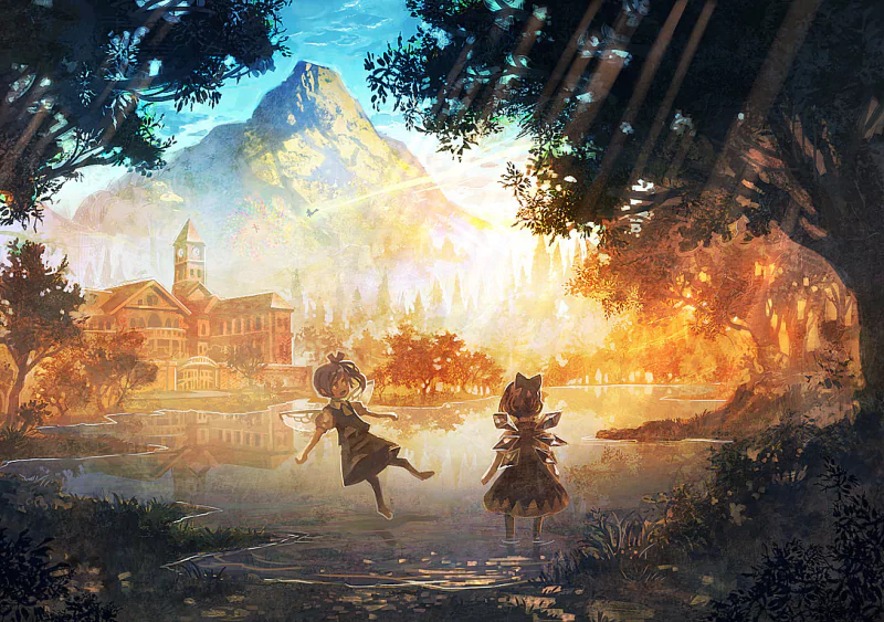 Anime-style illustration featuring Daiyousei and Cirno from Touhou, set in a scenic, sunlit landscape with a village and mountains in the background.
