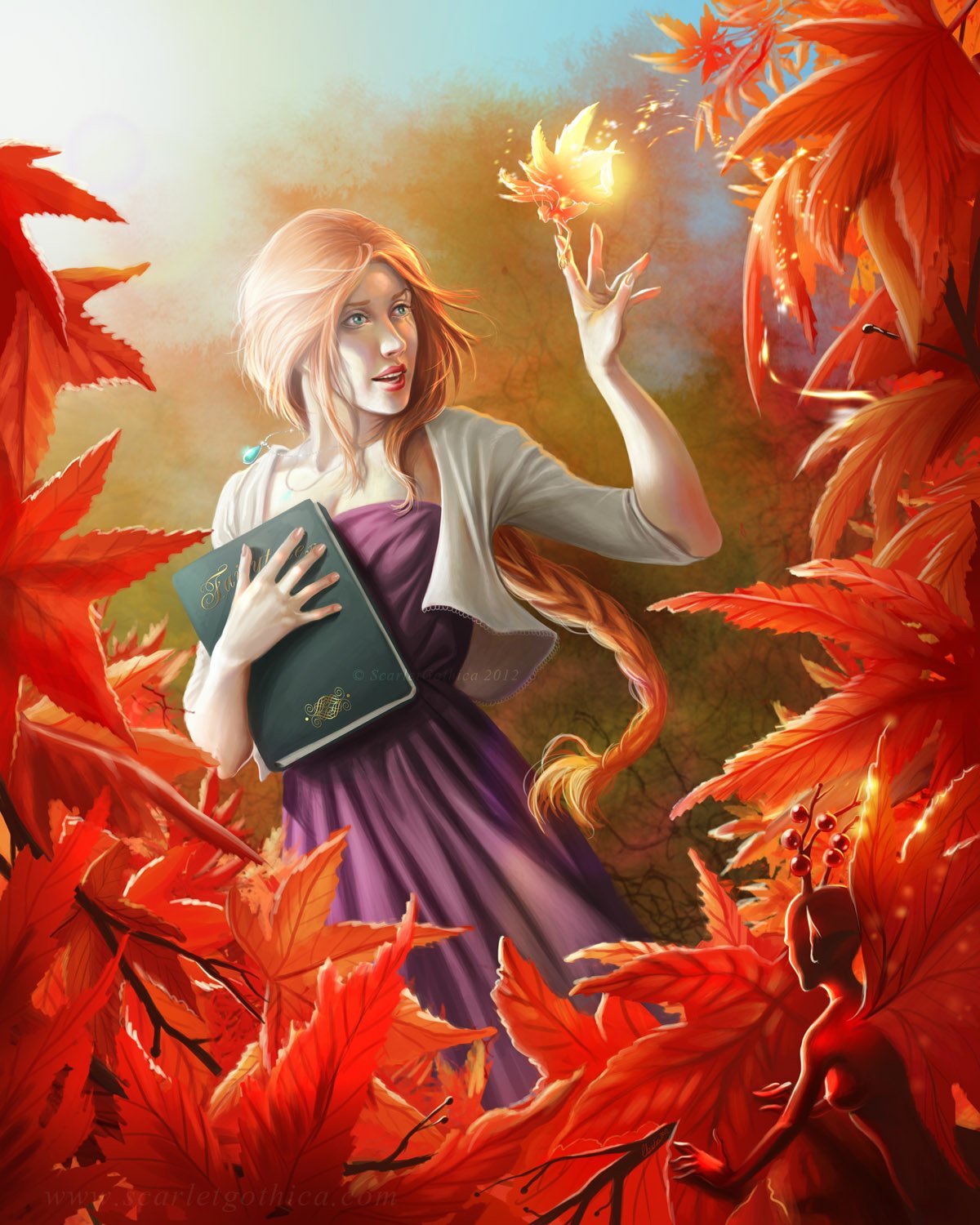 A fantasy scene featuring a woman with flowing hair holding a book, summoning a glowing, fiery butterfly amidst vibrant orange autumn leaves.