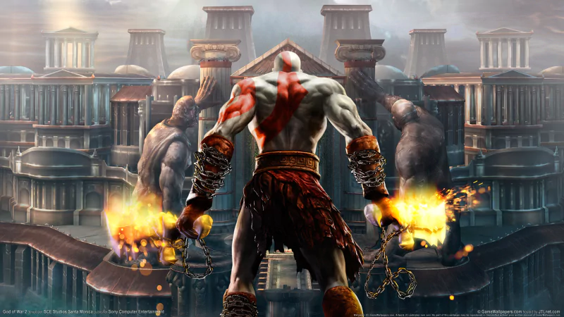 A powerful figure stands with flaming weapons, facing a grand, ancient temple. This scene is inspired by the video game God of War, featuring themes of deity and epic battles.