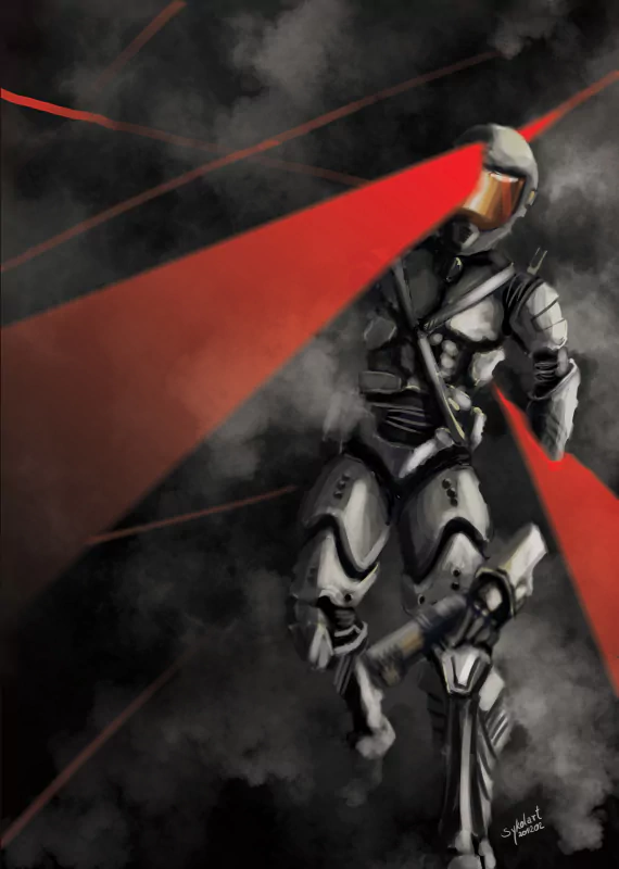 A futuristic soldier clad in sci-fi armor fires intense red laser beams from their helmet amid a chaotic battle scene shrouded in dark smoke.