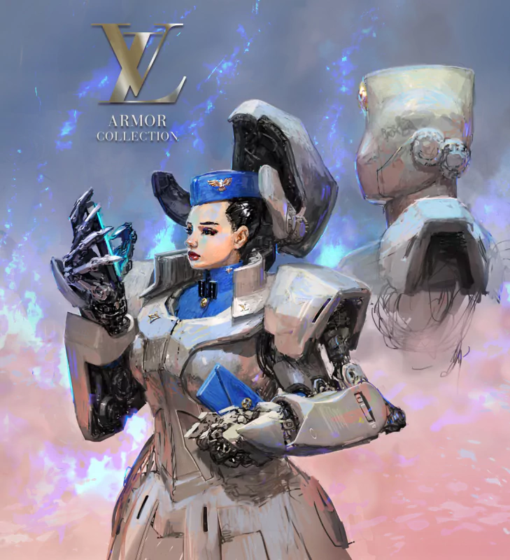 Sci-fi woman warrior in gleaming powered armor, clutching a glowing device; a robot head sketch looms behind amid crackling blue energy.