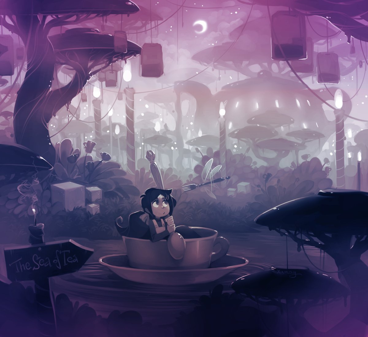 Download Moon Night Lantern Teacup Fantasy Art