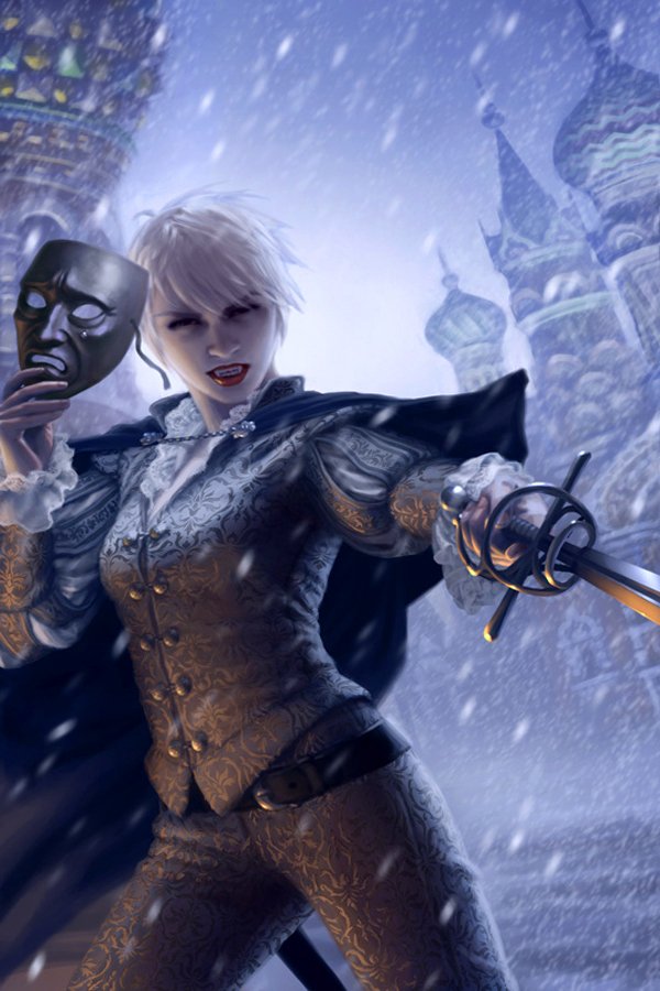 A fierce vampire stands poised with a sword in a snowy landscape, holding a mask in one hand. Intricate clothing complements the dark fantasy atmosphere, with distant spires looming behind.