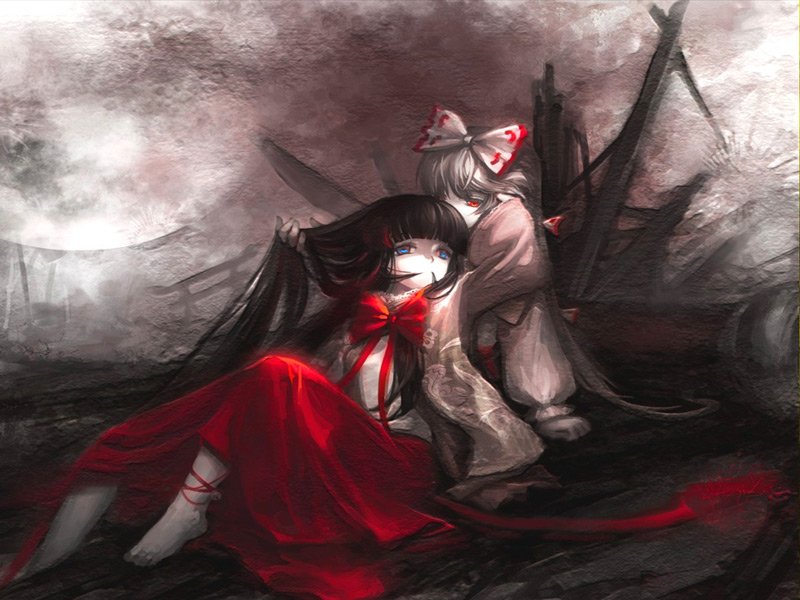 A striking anime illustration featuring Fujiwara no Mokou and Kaguya Houraisan from Touhou, set against a dark, atmospheric backdrop that enhances their compelling poses and expressions.