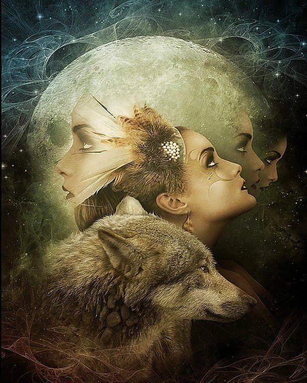 A dark, mystical scene featuring three profiles of women intertwined with ethereal elements, alongside a werewolf gazing towards a luminous full moon.