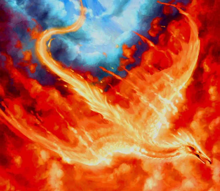 A vibrant fantasy scene depicting a phoenix soaring through a sky ablaze with fiery oranges, reds, and blues, capturing the mythical bird's majestic beauty and power.