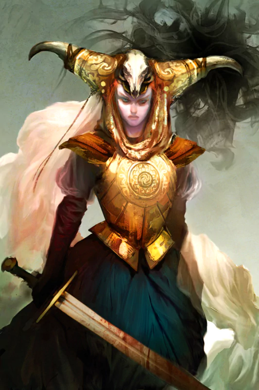 A fierce woman adorned in ornate armor and a horned helmet stands confidently with a sword, embodying a powerful fantasy aesthetic. Dark, swirling elements create an air of mystery.
