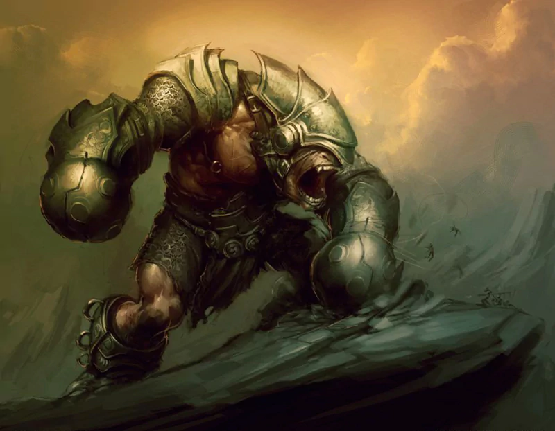 A powerful giant clad in ornate armor strides forward, showcasing immense strength and fierce determination against a dramatic fantasy backdrop.