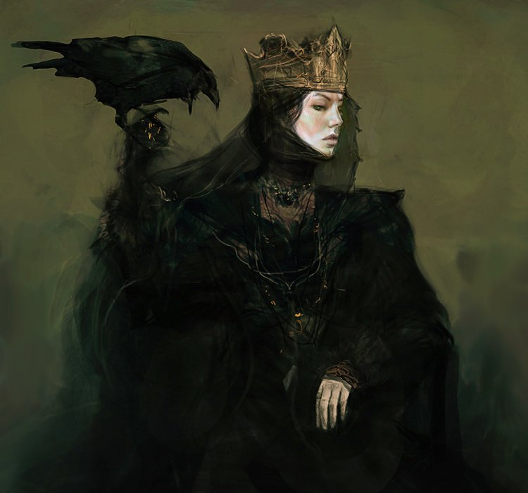 A regal figure in dark attire, wearing a crown, sits with a raven perched nearby, embodying a mysterious aura fit for a fantasy fairy tale.