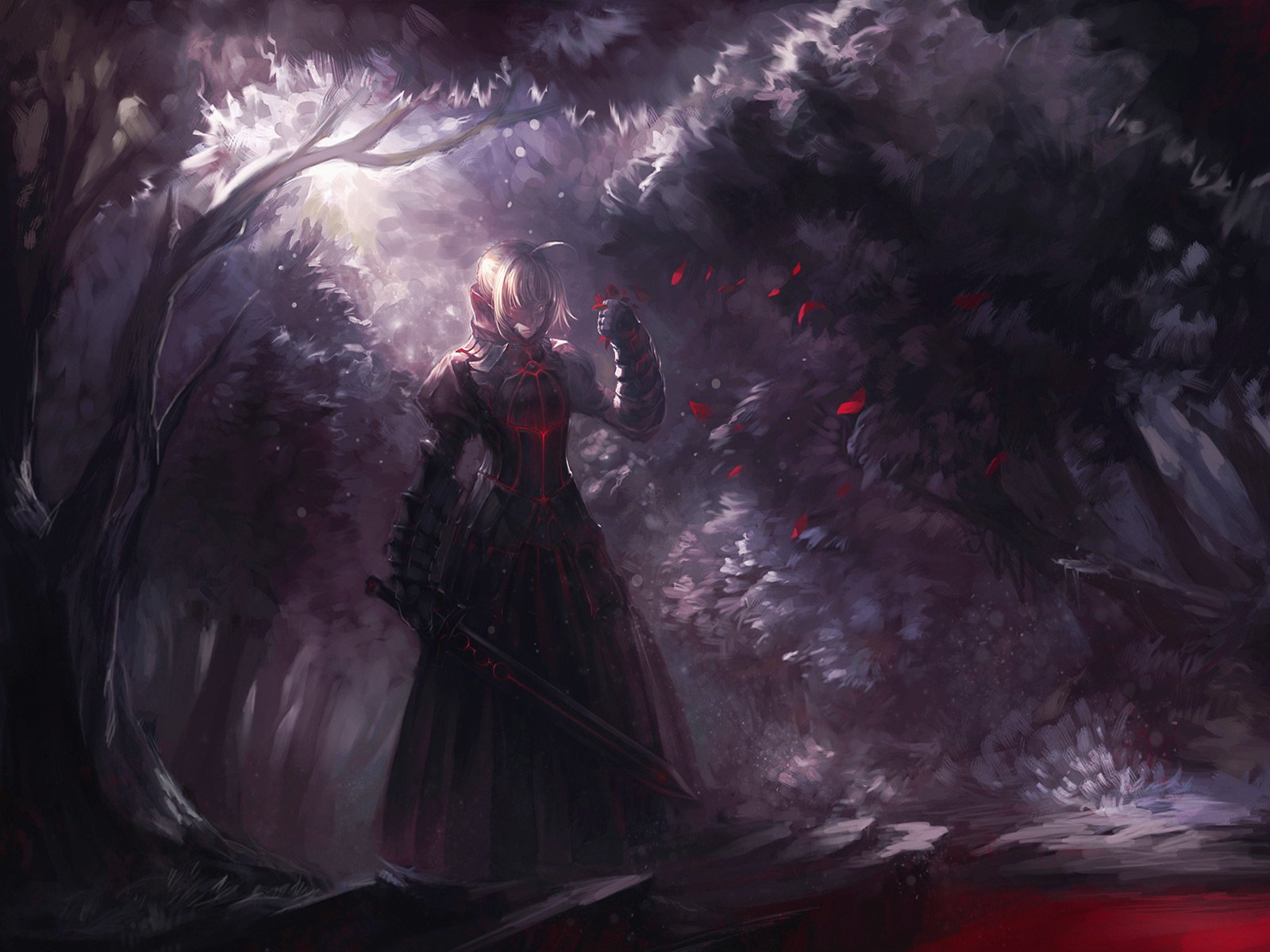 A dark, atmospheric scene from the anime Fate/Stay Night, featuring a mysterious figure with a sword standing amidst shadowy trees and a hint of vibrant red petals on the ground.