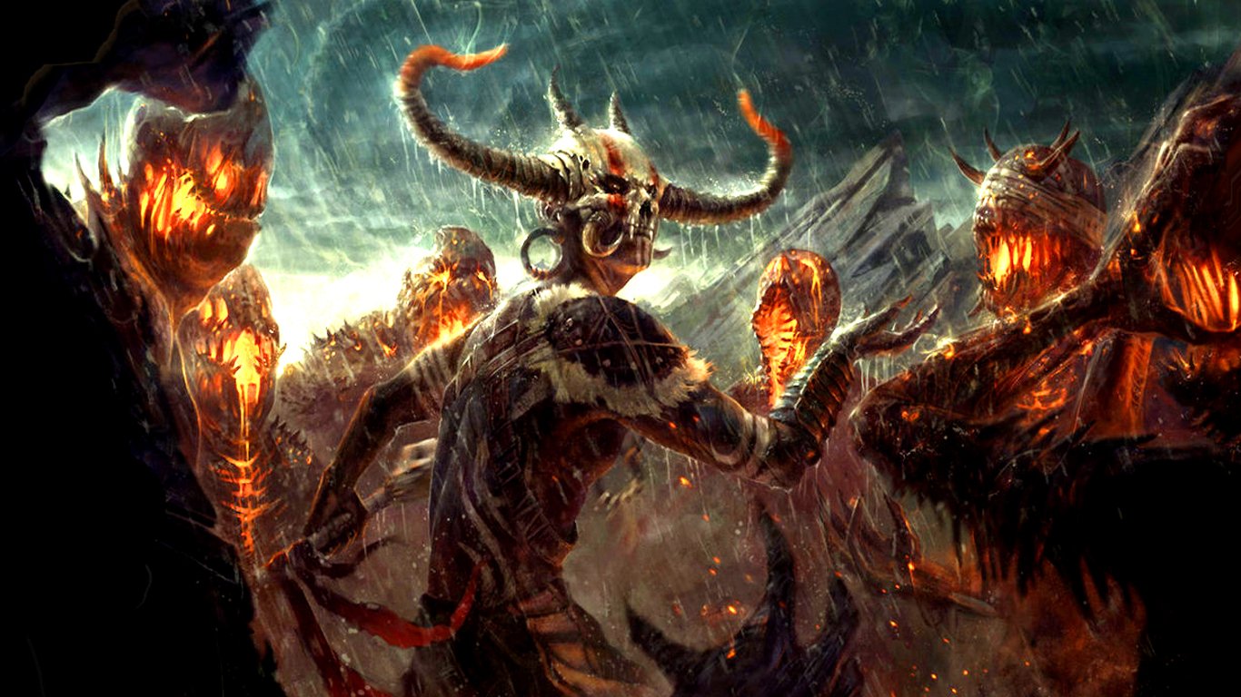 A dark, atmospheric scene from the video game Diablo, featuring a horned figure surrounded by glowing, fiery entities in a stormy landscape.