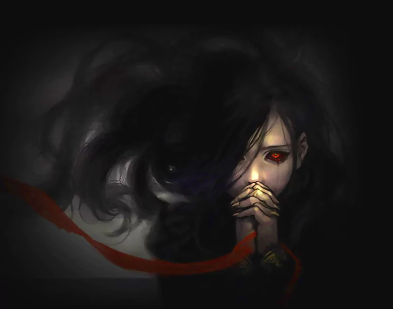 A mysterious vampire with striking red eyes and dark, flowing hair stares intently, hands clasped together, exuding an eerie gothic fantasy atmosphere.