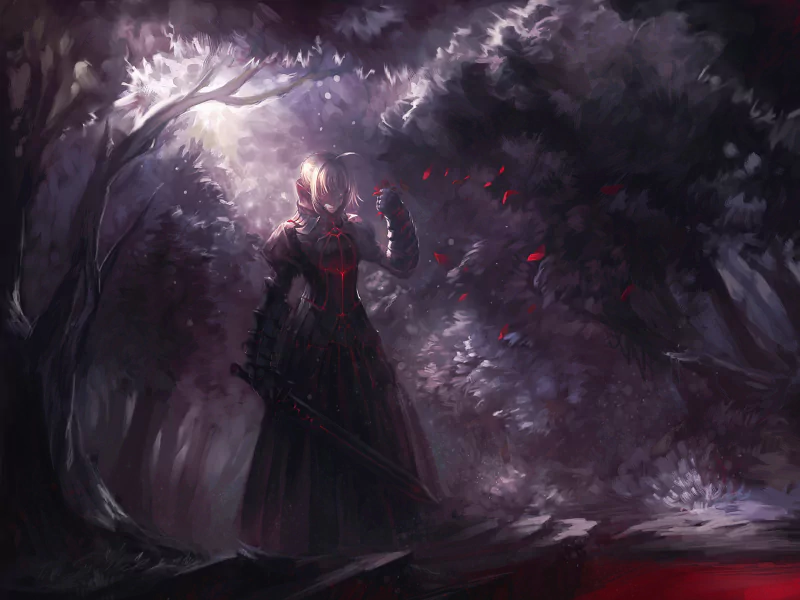 A dark, atmospheric scene from the anime Fate/Stay Night, featuring a mysterious figure with a sword standing amidst shadowy trees and a hint of vibrant red petals on the ground.