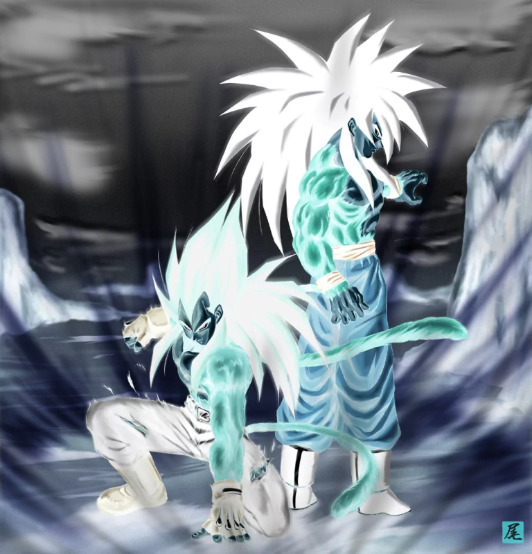 Anime-style illustration from Dragon Ball GT featuring two powerful, spiky-haired characters with glowing auras in a dramatic, icy landscape.