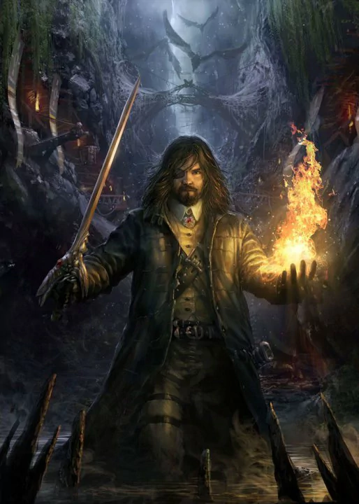 A fantasy scene featuring a bearded man wielding a sword in one hand and conjuring fire in the other, standing in a dark, mystical environment.