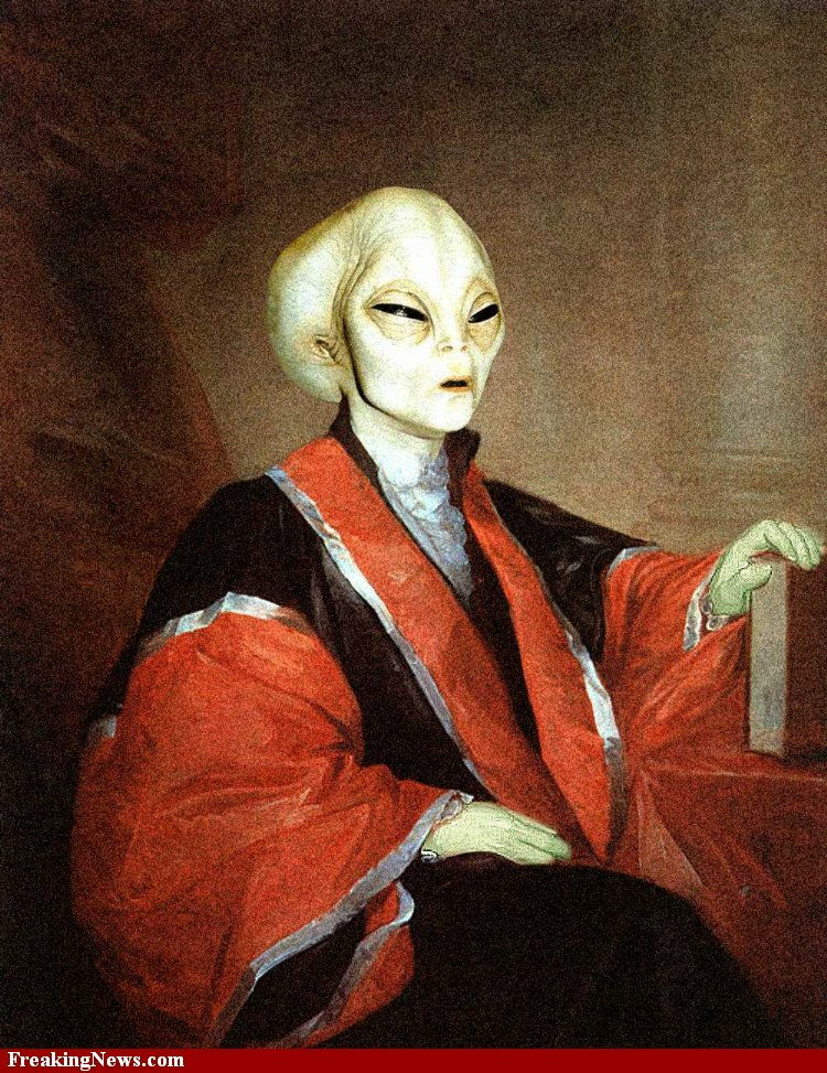 A sci-fi alien figure dressed in elaborate, historical-style robes, seated with an air of authority against a dark, muted background.