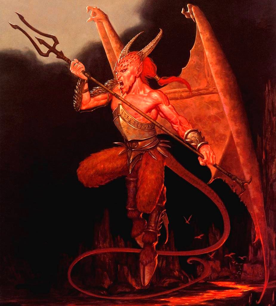A red-skinned, horned demon with wings and a trident stands amidst a fiery landscape in a fantasy scene by Gerald Brom.