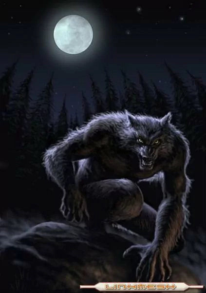 A menacing werewolf crouches under a full moon, surrounded by dark, towering trees, evoking an eerie and ominous atmosphere in the night.