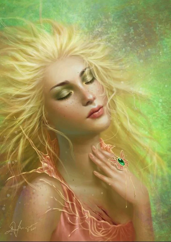 A fantasy depiction of a serene woman with flowing blonde hair and a delicate, green gemstone accent, set against a soft, ethereal background of greens and golds.