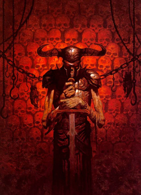 A dark fantasy scene by Gerald Brom showing a horned armored figure gripping a sword, set against a blood-red wall covered in skulls and chains.